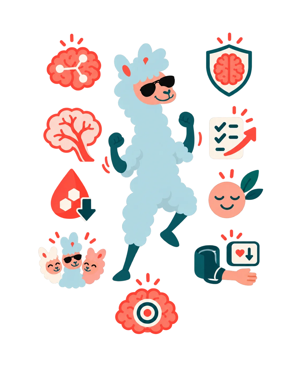 Illustration d’un mouton sautant entouré d’icônes santé