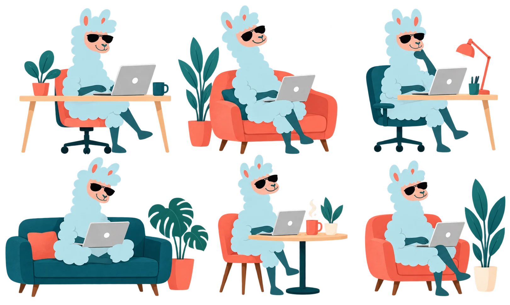 Illustrations humoristiques d’un mouton travaillant assis à son bureau
