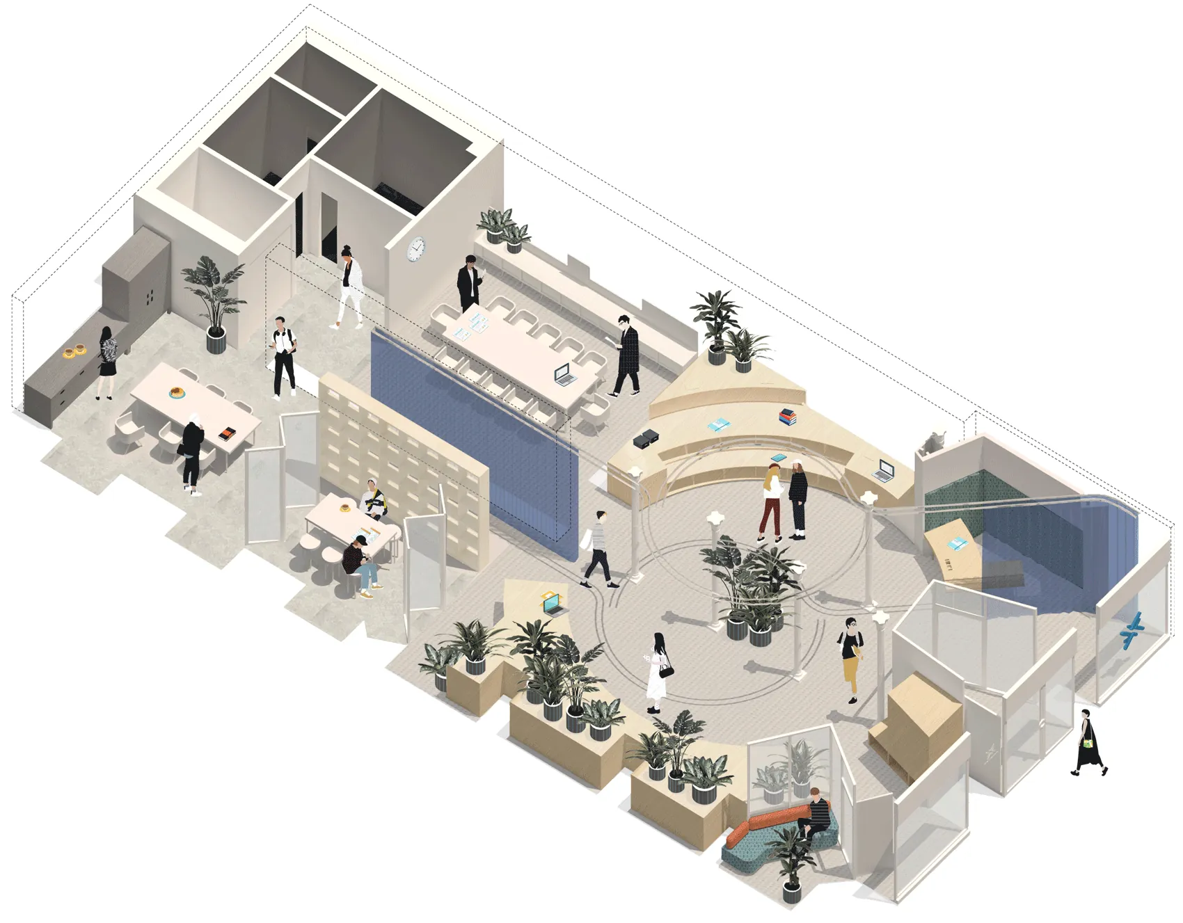 Vue isométrique animée d’un plateau de bureaux aménagé en design actif, où des personnes se déplacent